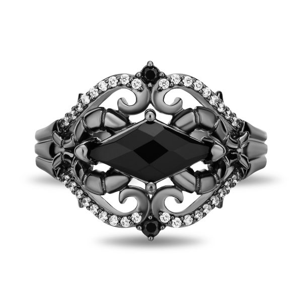 Enchanted Disney Fine Jewelry Black Rhodium Over Sterling Silver with 1 6 CTTW Diamond and Black Onyx Maleficent Ring Cheap