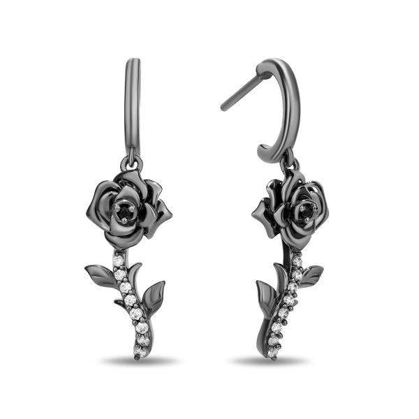 Enchanted Disney Fine Jewelry Black Rhodium Over Sterling Silver with 1 8 CTTW Black and White Diamond Maleficent Rose Earrings For Sale