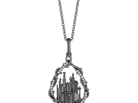 Enchanted Disney Fine Jewelry Black Rhodium Over Sterling Silver with 1 10 CTTW White Diamond Maleficent Castle Pendant Necklace on Sale