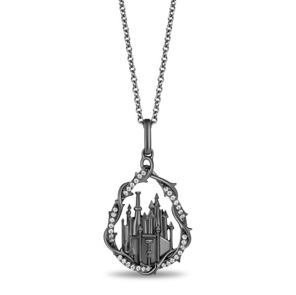 Enchanted Disney Fine Jewelry Black Rhodium Over Sterling Silver with 1 10 CTTW White Diamond Maleficent Castle Pendant Necklace on Sale