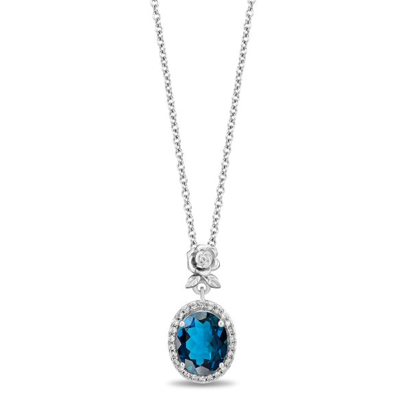 Enchanted Disney Fine Jewelry Sterling Silver with 1 10 CTTW Diamond and London Blue Topaz Cinderella Halo Pendant Necklace Hot on Sale