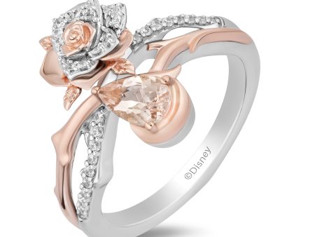 Enchanted Disney Fine Jewelry Sterling Silver and 10K Rose Gold with 1 6 CTTW Diamond and Morganite Aurora Rose Ring on Sale