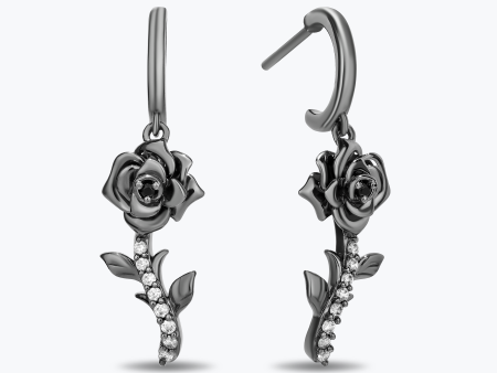 Enchanted Disney Fine Jewelry Black Rhodium Over Sterling Silver with 1 8 CTTW Black and White Diamond Maleficent Rose Earrings For Sale