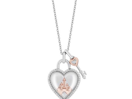 Enchanted Disney Fine Jewelry Celebration Sterling Silver and 10K Rose Gold with 1 6 CTTW Diamond and White Quartz Heart and Key Majestic Princess Pendant Necklace Hot on Sale