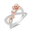 Enchanted Disney Fine Jewelry Sterling Silver and 10K Rose Gold 1 7 CTTW Diamond Belle Rose Cross Ring For Sale