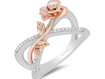 Enchanted Disney Fine Jewelry Sterling Silver and 10K Rose Gold 1 7 CTTW Diamond Belle Rose Cross Ring For Sale