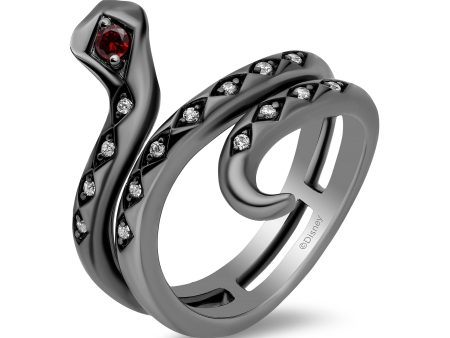 Enchanted Disney Fine Jewelry Black Rhodium Over Sterling Silver with 1 10 CTTW Diamond and Red Garnet Jafar Serpent Ring Sale