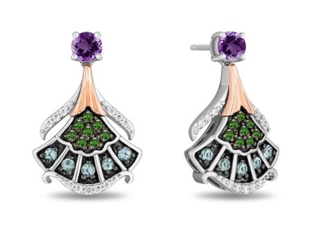 Enchanted Disney Fine Jewelry The Little Mermaid Black Rhodium over Sterling Silver and 10K Rose Gold with 1 10 CTTW Diamond and Amethyst with Green Tourmaline and Swiss Blue Topaz Ariel Earrings For Sale