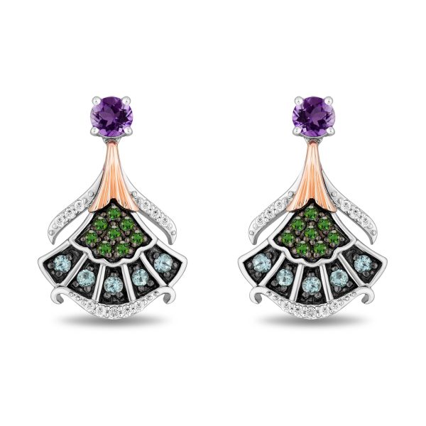 Enchanted Disney Fine Jewelry The Little Mermaid Black Rhodium over Sterling Silver and 10K Rose Gold with 1 10 CTTW Diamond and Amethyst with Green Tourmaline and Swiss Blue Topaz Ariel Earrings For Sale