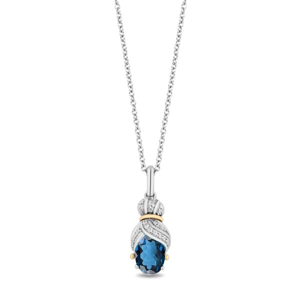 Enchanted Disney Fine Jewelry Sterling Silver and 10K Yellow Gold with White Diamond Accent and London Blue Topaz Cinderella Pendant Necklace For Sale