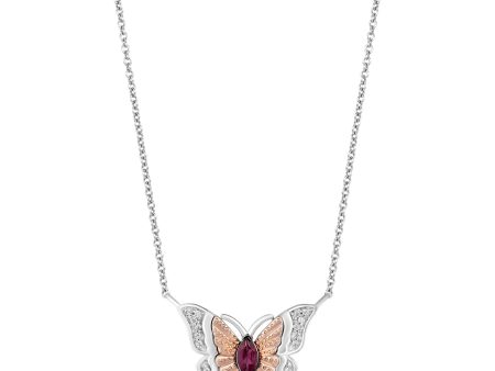 Enchanted Disney Fine Jewelry Sterling Silver and 10K Rose Gold 1 10 CTTW Diamond and Rhodolite Garnet Mulan Butterfly Necklace For Discount