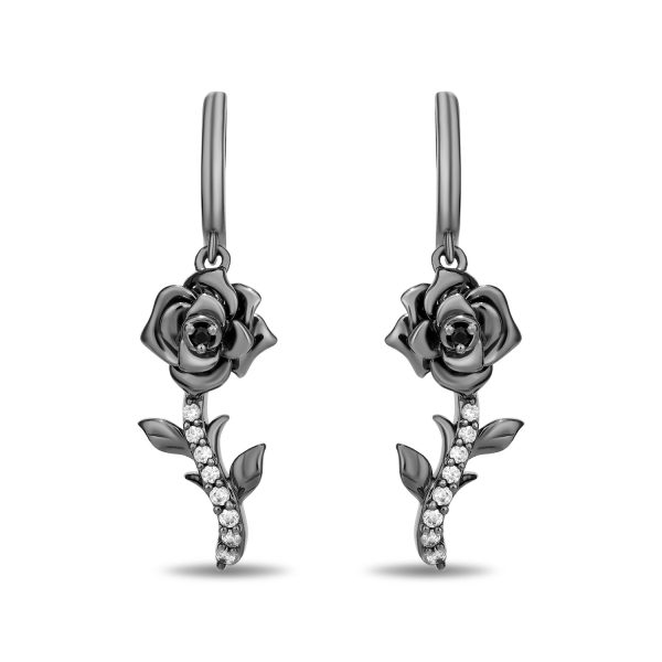 Enchanted Disney Fine Jewelry Black Rhodium Over Sterling Silver with 1 8 CTTW Black and White Diamond Maleficent Rose Earrings For Sale