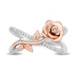 Enchanted Disney Fine Jewelry Sterling Silver and 10K Rose Gold 1 7 CTTW Diamond Belle Rose Cross Ring For Sale