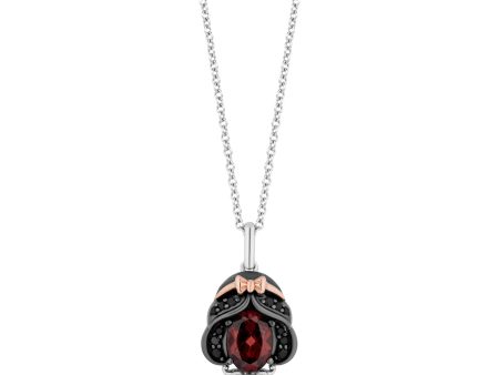 Enchanted Disney Fine Jewelry Black Rhodium Over Sterling Silver and 10K Rose Gold 1 7 CTTW Black Diamond and White Diamond with Red Garnet Snow White Pendant Necklace For Sale