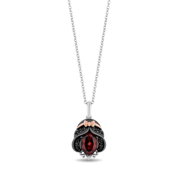 Enchanted Disney Fine Jewelry Black Rhodium Over Sterling Silver and 10K Rose Gold 1 7 CTTW Black Diamond and White Diamond with Red Garnet Snow White Pendant Necklace For Sale