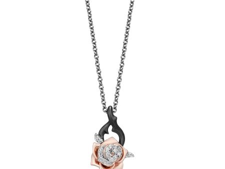 Enchanted Disney Fine Jewelry Black Rhodium over Sterling Silver and 10K Rose Gold with 1 10 CTTW Diamond Aurora Rose Pendant Necklace Online Sale