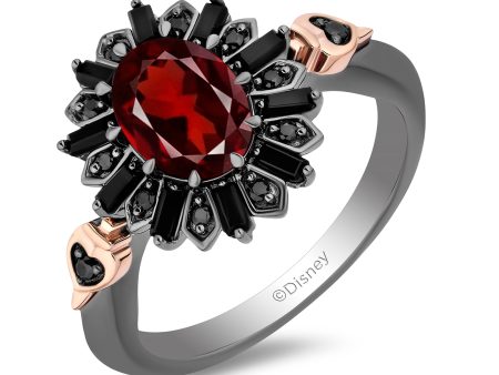 Enchanted Disney Fine Jewelry Black Rhodium Over Sterling Silver and 10K Rose Gold 1 10 CTTW Black Diamond with Black Onyx and Red Garnet Evil Queen Throne Ring on Sale