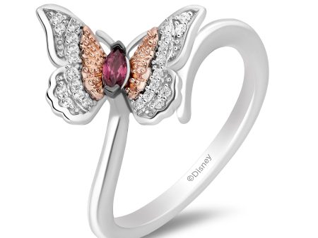 Enchanted Disney Fine Jewelry Sterling Silver and 10K Rose Gold 1 10 CTTW Diamond and Rhodolite Garnet Mulan Butterfly Ring Online Sale