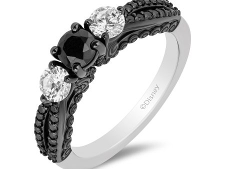 Enchanted Disney Fine Jewelry 14K White Gold with Black Rhodium Ursula Black and White diamond Three Stone Engagement ring with 1 1 4 CTTW Diamonds Supply