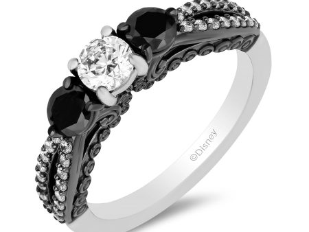 Enchanted Disney Fine Jewelry 14K White Gold with Black Rhodium Ursula Three Stone Engagement ring with Black Diamond Shoulder Stone and 1 1 4 CTTW Diamonds For Sale