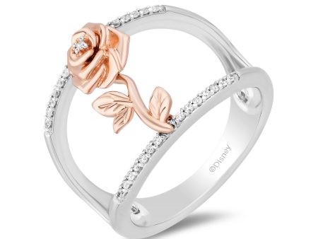 Enchanted Disney Fine Jewelry Sterling Silver and 10K Rose Gold 1 10 CTTW Diamond Belle Rose Wide Ring Discount