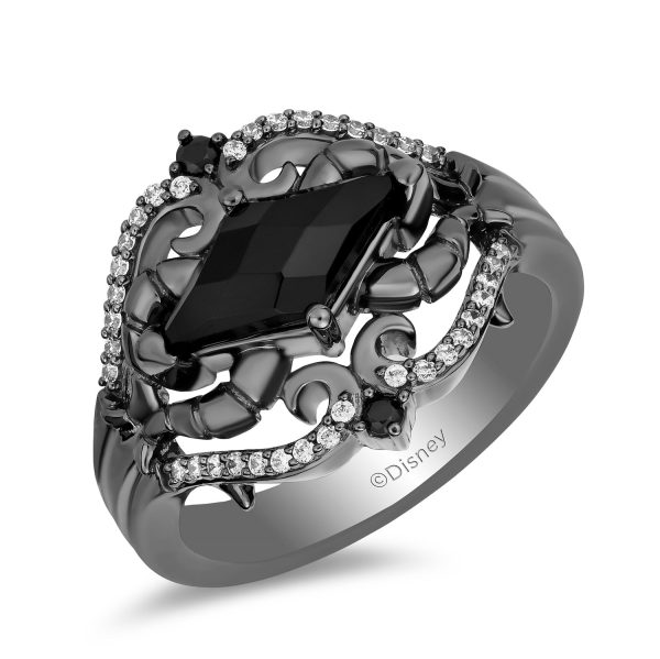 Enchanted Disney Fine Jewelry Black Rhodium Over Sterling Silver with 1 6 CTTW Diamond and Black Onyx Maleficent Ring Cheap