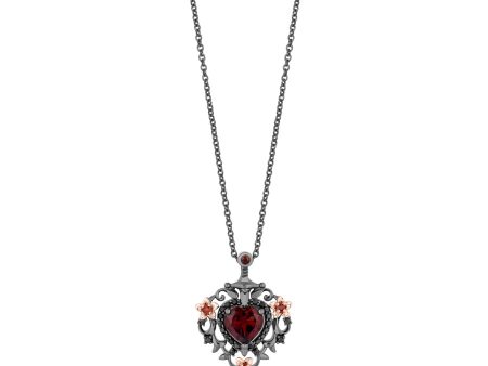 Enchanted Disney Fine Jewelry Black Rhodium over Sterling Silver and 10K Rose Gold with 1 5 CTTW Black Diamond and Red Garnet Snow White 85th Anniversary Collector’s Edition Evil Queen Pendant Necklace For Sale