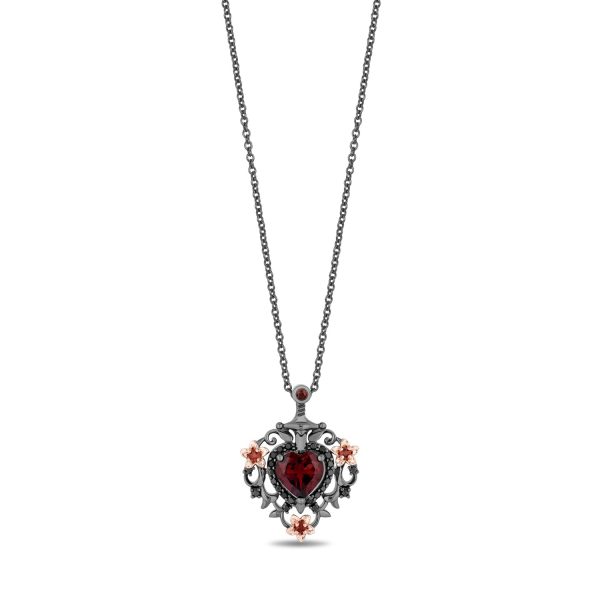 Enchanted Disney Fine Jewelry Black Rhodium over Sterling Silver and 10K Rose Gold with 1 5 CTTW Black Diamond and Red Garnet Snow White 85th Anniversary Collector’s Edition Evil Queen Pendant Necklace For Sale