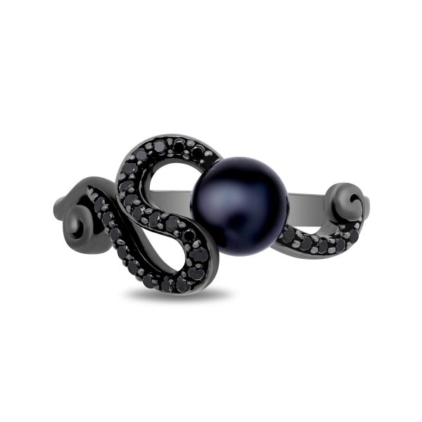 Enchanted Disney Fine Jewelry Black Rhodium over Sterling Silver with 1 5 CTTW Black Diamonds and Round Pearl Ursula Ring Online