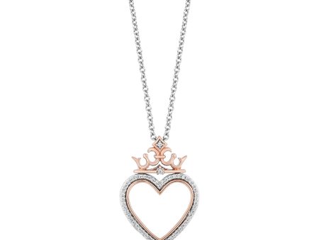 Enchanted Disney Fine Jewelry Sterling Silver and 10K Rose Gold 1 8 CTTW Diamond Majestic Princess Crown Heart Pendant Necklace For Cheap