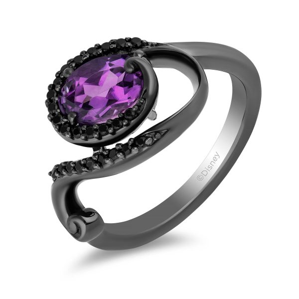 Enchanted Disney Fine Jewelry Black Rhodium over Sterling Silver with 1 5 CTTW Black Diamond and Amethyst Ursula Ring Hot on Sale