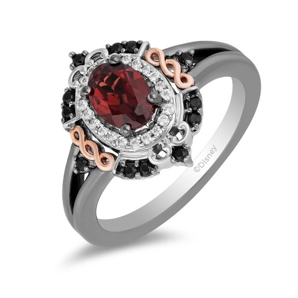 Enchanted Disney Fine Jewelry Black Rhodium over Sterling Silver and 10K Rose Gold 1 5 CTTW Black and White Diamond with Red Garnet Evil Queen Ring Online