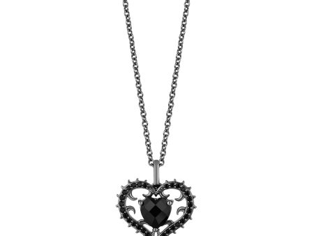 Enchanted Disney Fine Jewelry Black Rhodium Over Sterling Silver 1 4 CTTW Black Diamond and Black Onyx Maleficent Heart Pendant Necklace For Sale