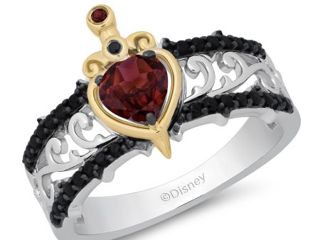 Enchanted Disney Fine Jewelry 10K Yellow Gold and Sterling Silver with 1 4 CTTW Black Diamond and Red Garnet Evil Queen Ring For Sale