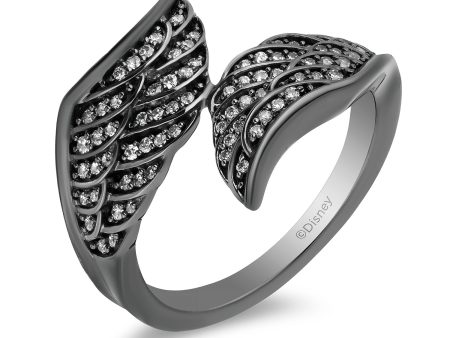 Enchanted Disney Fine Jewelry Black Rhodium over Sterling Silver with 1 4 CTTW Diamond Maleficent Wing Shape Ring Online now