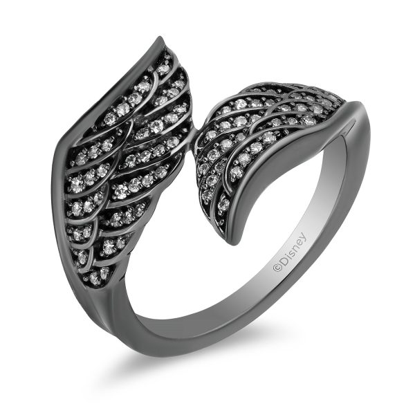 Enchanted Disney Fine Jewelry Black Rhodium over Sterling Silver with 1 4 CTTW Diamond Maleficent Wing Shape Ring Online now