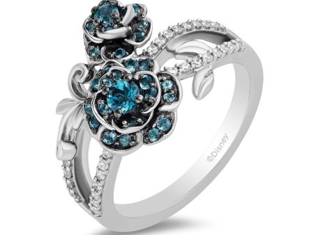 Enchanted Disney Fine Jewelry Sterling Silver with 1 6 CTTW Diamond and London Blue Topaz Cinderella 70th Gardenia Flower Ring on Sale