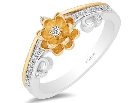 Enchanted Disney Fine Jewelry Sterling Silver and 10K Yellow Gold 1 8 CTTW Diamond Tiana Flower Ring Fashion