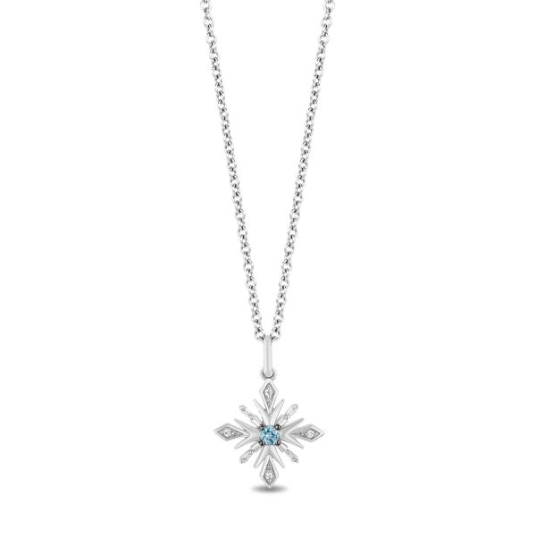 Enchanted Disney Fine Jewelry Sterling Silver Tapper Baguette and Round 1 20 CTTW Diamonds With Swiss Blue Topaz Elsa Pendant Necklace Cheap