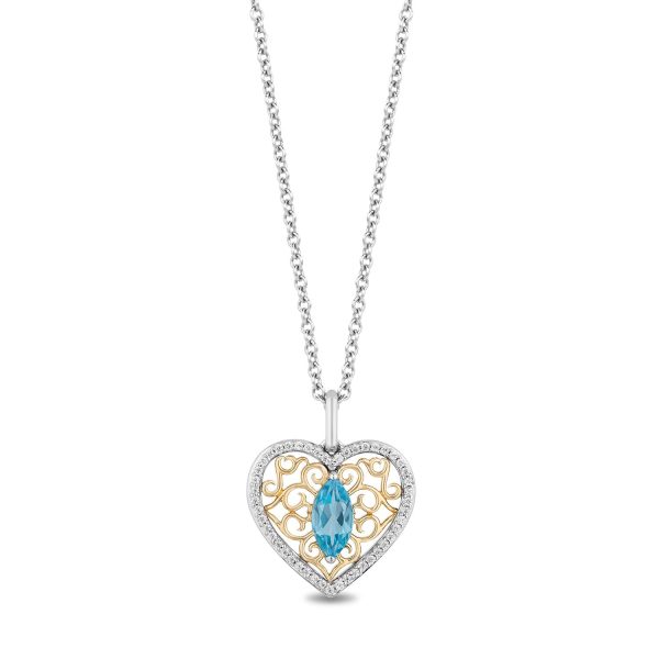 Enchanted Disney Fine Jewelry Sterling Silver and 10K Yellow Gold  With 1 6 CTTW Diamond and Swiss Blue Topaz Jasmine Heart Pendant Necklace Discount