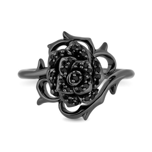 Enchanted Disney Fine Jewelry Black Rhodium over Sterling Silver with 1 4 CTTW Black Diamonds Maleficent Black Rose Ring For Cheap