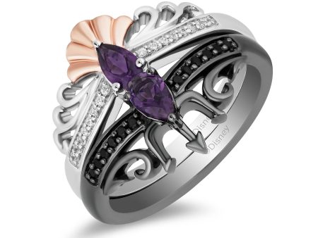 Enchanted Disney Fine Jewelry Black Rhodium and 14K Rose Gold over Sterling Silver With 1 6 CTTW Black and White Diamond and Pear Amethyst Ariel and Ursula Villains Duo Stack Ring Online now