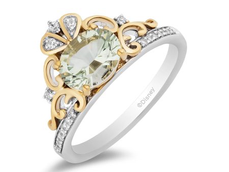 Enchanted Disney Fine Jewelry Sterling Silver and 10K Yellow Gold 1 10 CTTW Diamond and Concave Oval Green Amethyst Stepsisters Ring on Sale