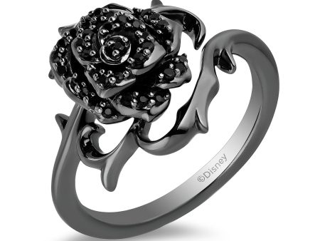 Enchanted Disney Fine Jewelry Black Rhodium over Sterling Silver with 1 4 CTTW Black Diamonds Maleficent Black Rose Ring For Cheap