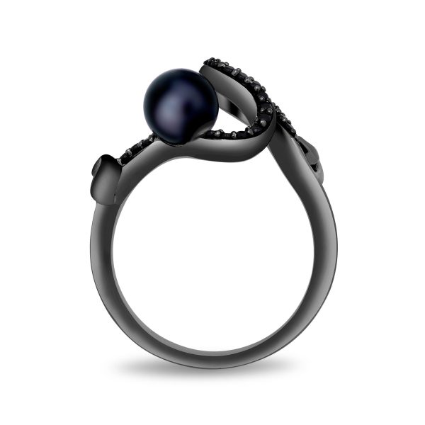 Enchanted Disney Fine Jewelry Black Rhodium over Sterling Silver with 1 5 CTTW Black Diamonds and Round Pearl Ursula Ring Online