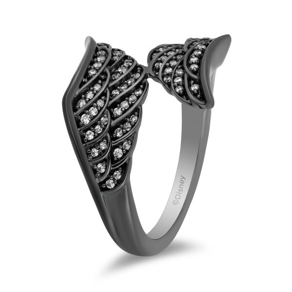 Enchanted Disney Fine Jewelry Black Rhodium over Sterling Silver with 1 4 CTTW Diamond Maleficent Wing Shape Ring Online now