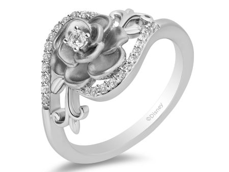 Enchanted Disney Fine Jewelry Sterling Silver with 1 5 CTTW Diamond Cinderella 70th Gardenia Flower Ring on Sale