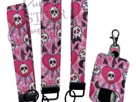 Pink skulls key fob wristlet and inhaler holder Hot on Sale